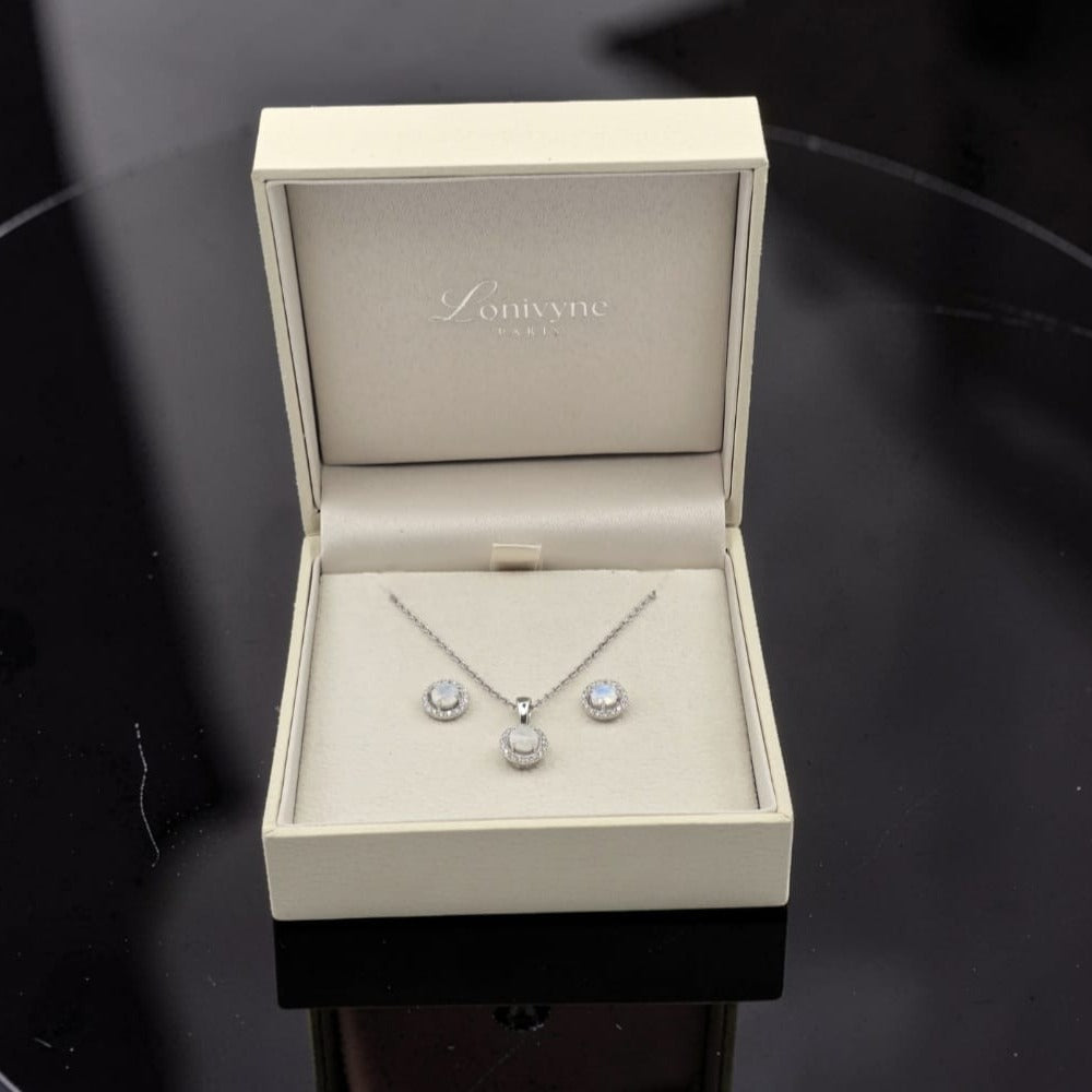 Parure Lunia – Argent 925 rhodié, Pierre de lune & Oxydes de zirconium